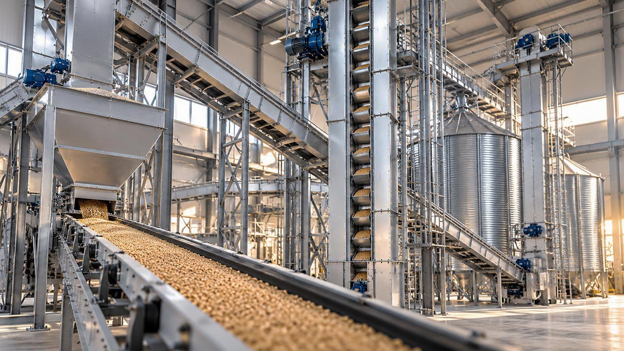Bucket elevator and belt conveyor moving grain in a mill