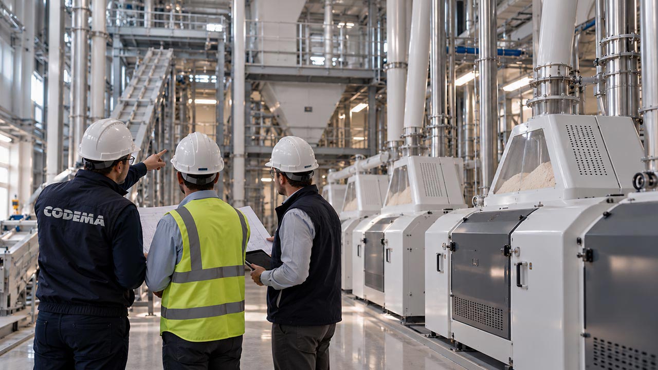 Roller mills and plansifters connected by spouts in a flour mill