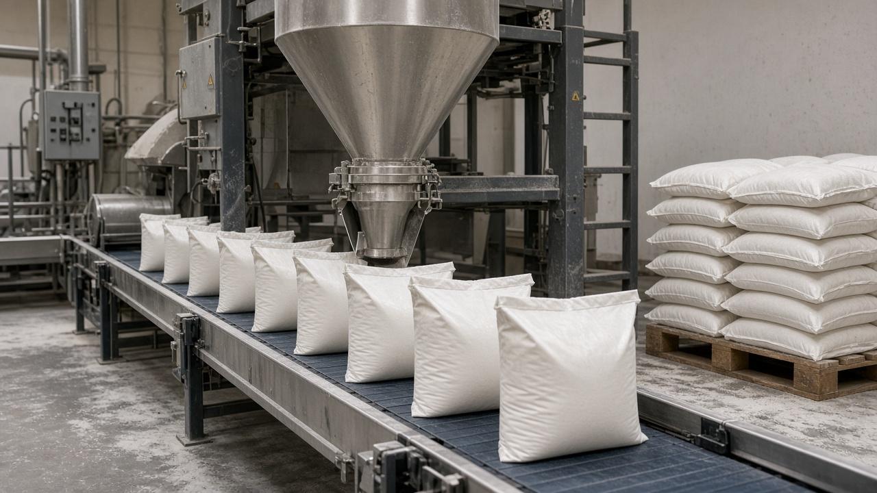 Flour bags moving along a mill packaging line