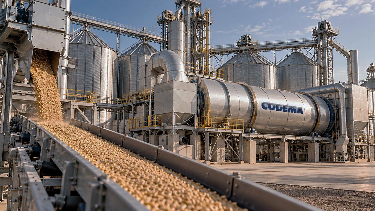 Industrial grain dryer beside a silo at a processing site