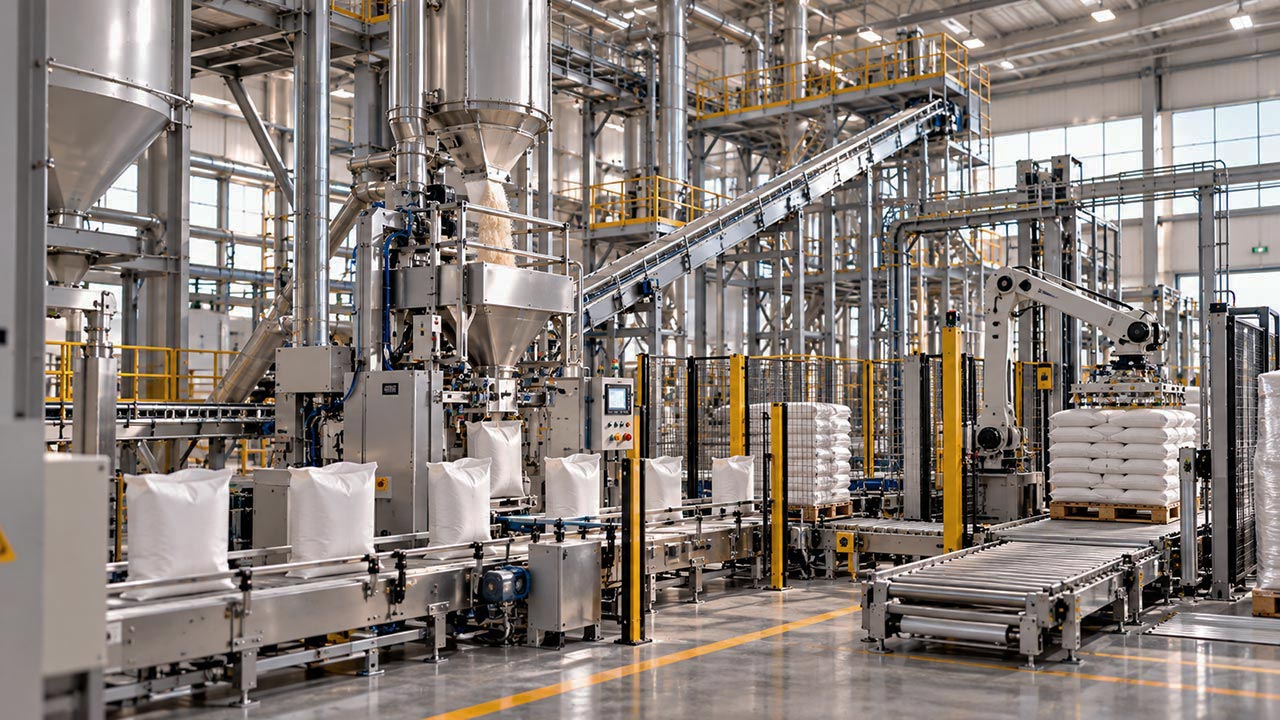 A conveyor feeding a bagging station in a grain facility