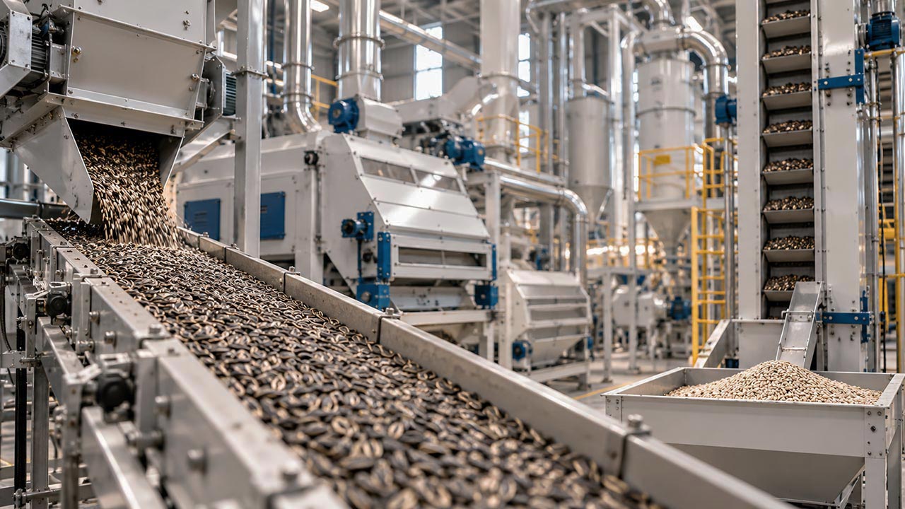 Sunflower seeds beside dehulling equipment in a preparation area