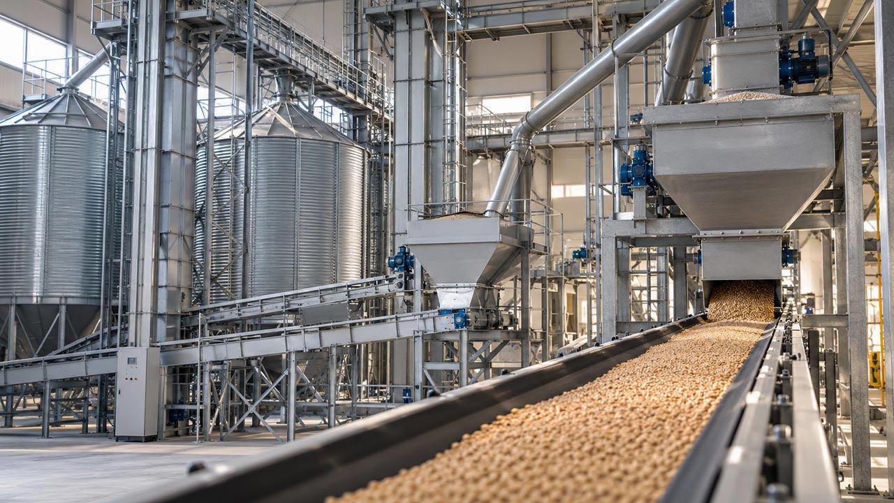 Grain conveyors and silos inside a processing facility
